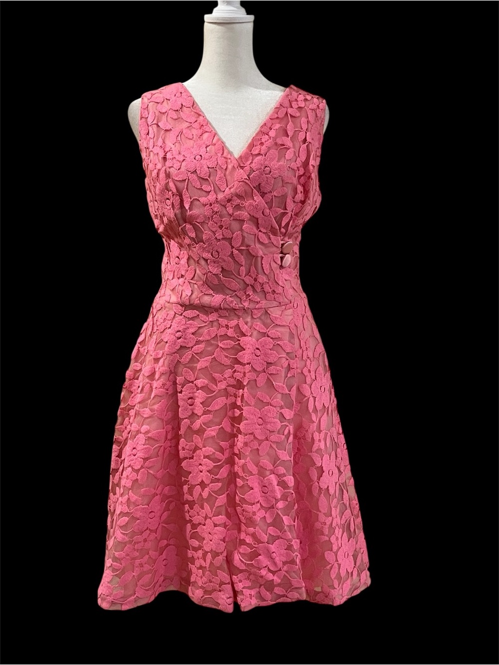 Rare! Russell of California lace floral cocktail dress. Fit-and-flare. Pink S-M